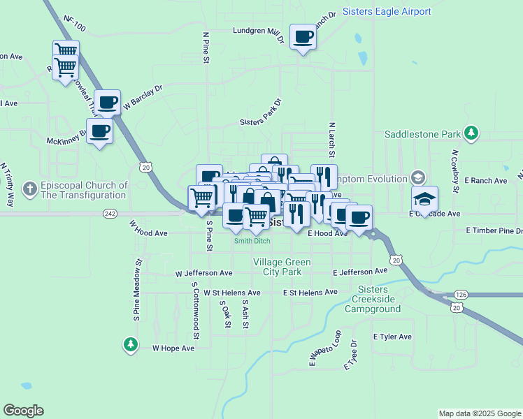 map of restaurants, bars, coffee shops, grocery stores, and more near 171 West Main Avenue in Sisters