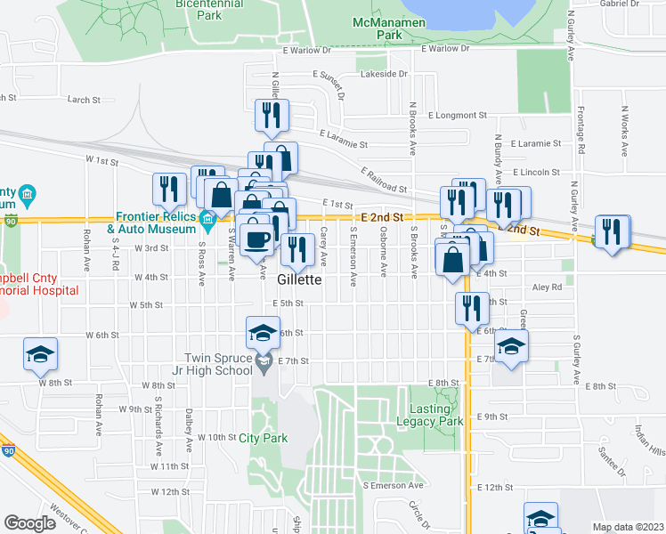 map of restaurants, bars, coffee shops, grocery stores, and more near 309 Carey Avenue in Gillette