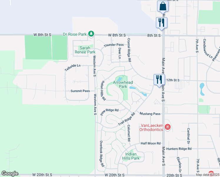 map of restaurants, bars, coffee shops, grocery stores, and more near 1300 Wahpeton Pass in Brookings