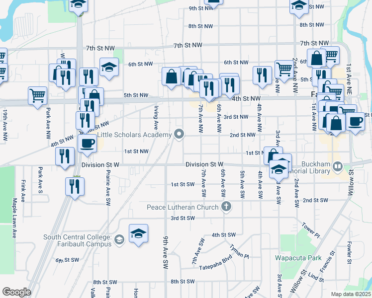 map of restaurants, bars, coffee shops, grocery stores, and more near 715 2nd Street Northwest in Faribault