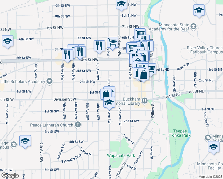 map of restaurants, bars, coffee shops, grocery stores, and more near 107 3rd Avenue Northwest in Faribault