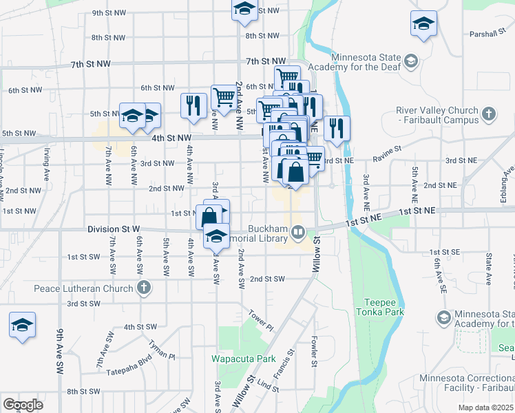 map of restaurants, bars, coffee shops, grocery stores, and more near 104 1st Avenue Northwest in Faribault