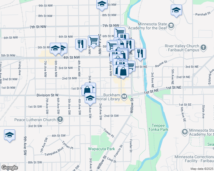 map of restaurants, bars, coffee shops, grocery stores, and more near 104 1st Avenue Northwest in Faribault