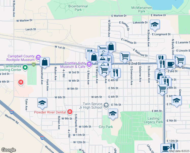 map of restaurants, bars, coffee shops, grocery stores, and more near 300 South Warren Avenue in Gillette