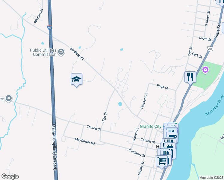 map of restaurants, bars, coffee shops, grocery stores, and more near 1 Stevens Street in Hallowell