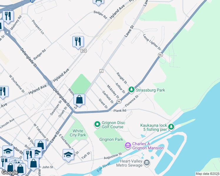 map of restaurants, bars, coffee shops, grocery stores, and more near 129 Mckinley Street in Kaukauna