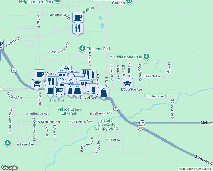map of restaurants, bars, coffee shops, grocery stores, and more near 115 North Locust Street in Sisters