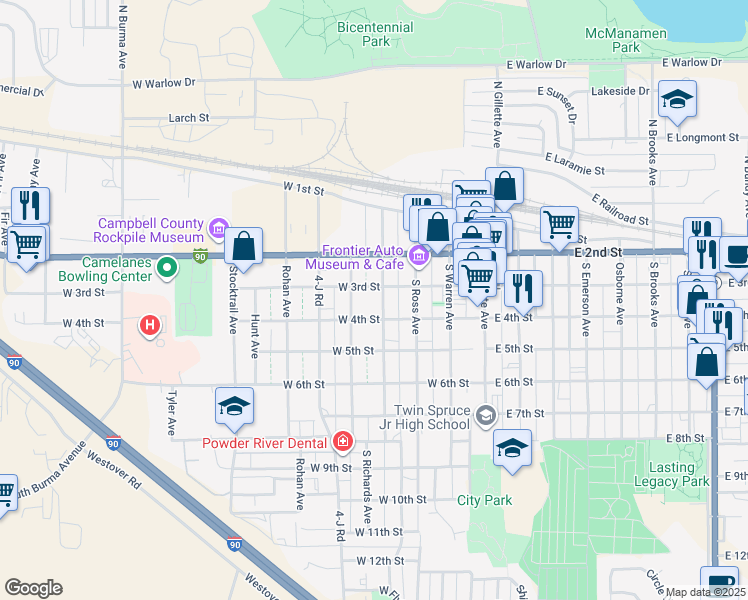 map of restaurants, bars, coffee shops, grocery stores, and more near 304 South Richards Avenue in Gillette