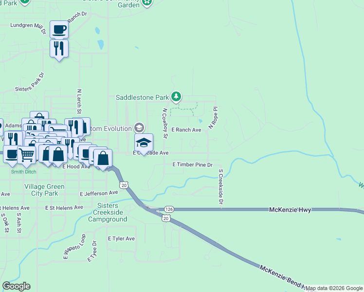 map of restaurants, bars, coffee shops, grocery stores, and more near 147 North Cottage Lane in Sisters