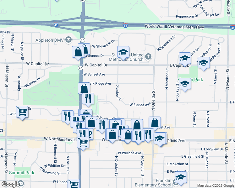 map of restaurants, bars, coffee shops, grocery stores, and more near 3128 Division Street in Appleton