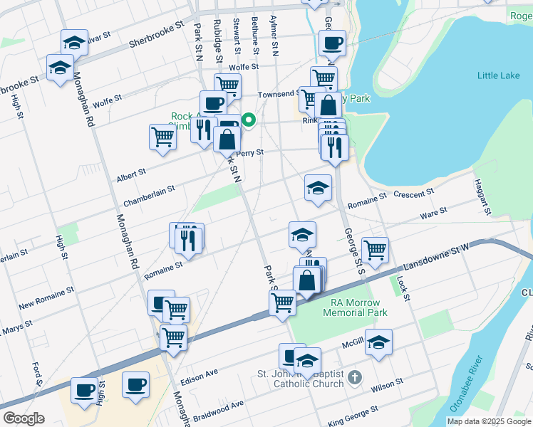 map of restaurants, bars, coffee shops, grocery stores, and more near 275 Westcott Street in Peterborough