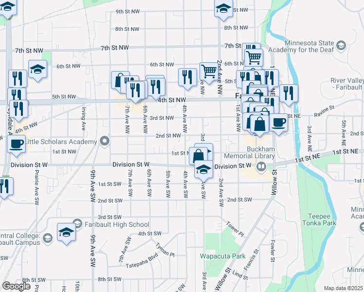 map of restaurants, bars, coffee shops, grocery stores, and more near 117 4th Avenue Northwest in Faribault