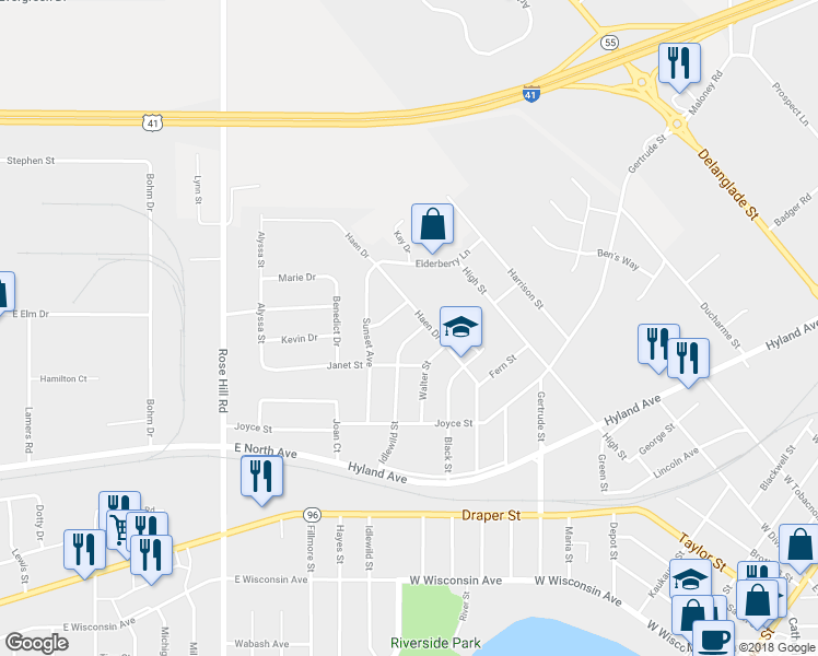 map of restaurants, bars, coffee shops, grocery stores, and more near 634 Bowers Lane in Kaukauna