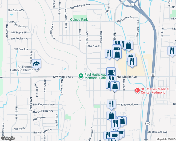 map of restaurants, bars, coffee shops, grocery stores, and more near 1660 Northwest Canyon Drive in Redmond