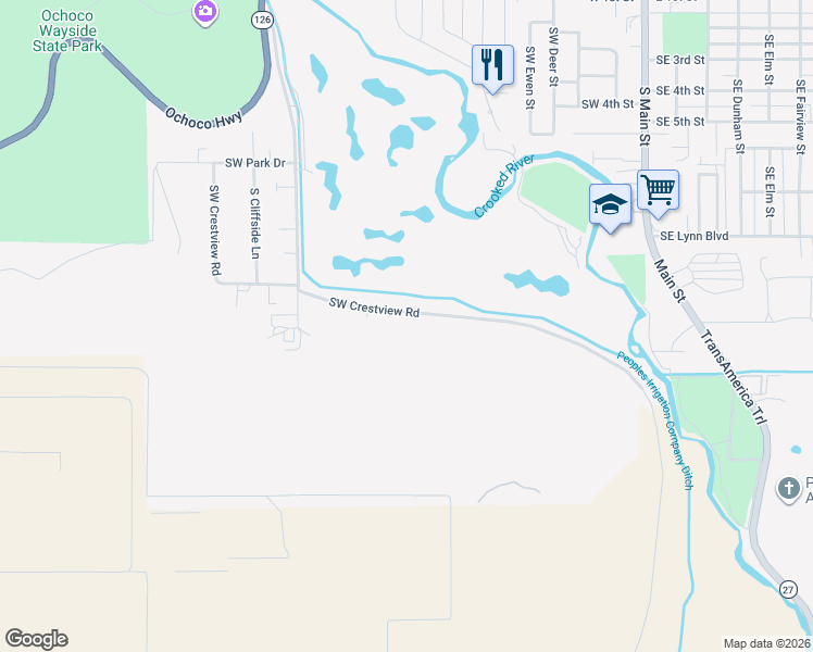 map of restaurants, bars, coffee shops, grocery stores, and more near 954 Southwest Crestview Road in Prineville