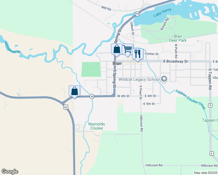 map of restaurants, bars, coffee shops, grocery stores, and more near 335 South Peterson Avenue in Blair