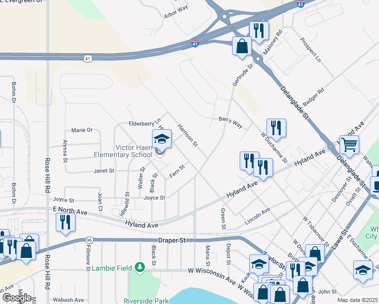 map of restaurants, bars, coffee shops, grocery stores, and more near 1120 High Street in Kaukauna