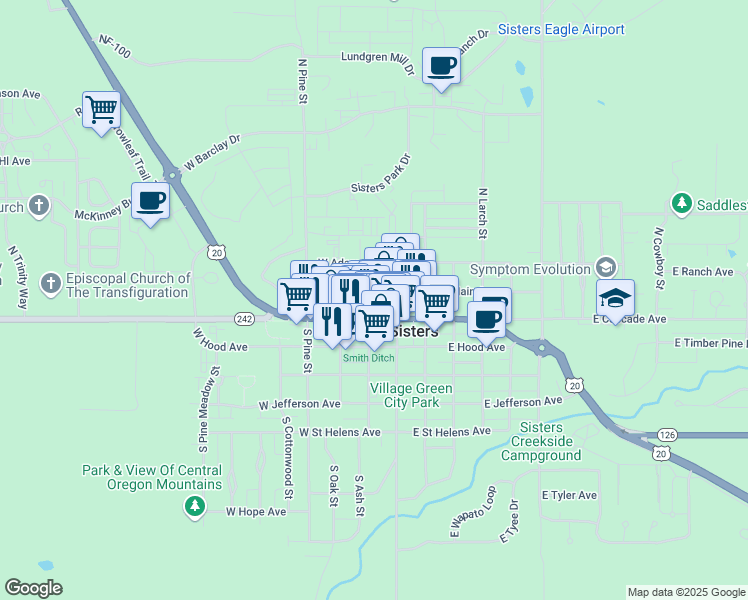 map of restaurants, bars, coffee shops, grocery stores, and more near 171 West Main Avenue in Sisters