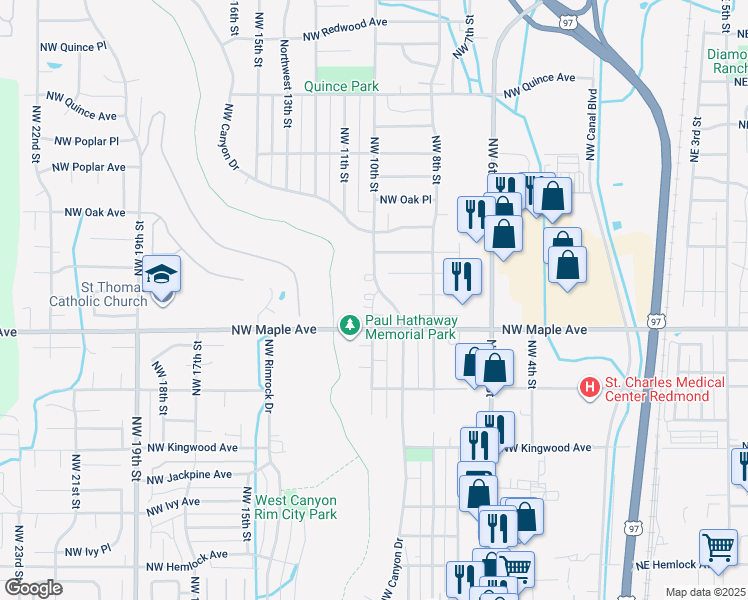 map of restaurants, bars, coffee shops, grocery stores, and more near 1660 Northwest Canyon Drive in Redmond