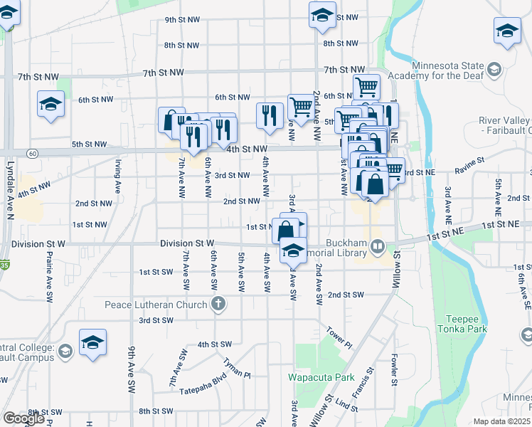 map of restaurants, bars, coffee shops, grocery stores, and more near 117 4th Avenue Northwest in Faribault