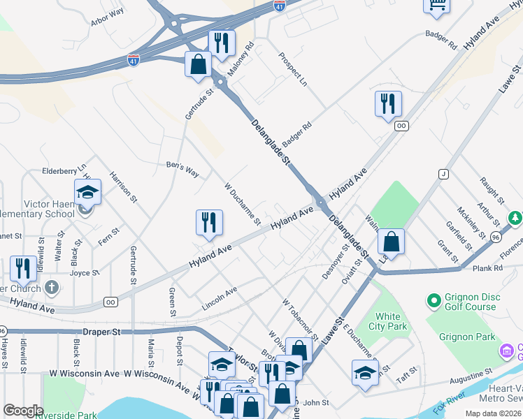 map of restaurants, bars, coffee shops, grocery stores, and more near 915 Denise Ct in Kaukauna