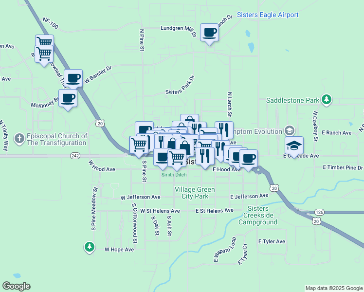 map of restaurants, bars, coffee shops, grocery stores, and more near 171 West Main Avenue in Sisters
