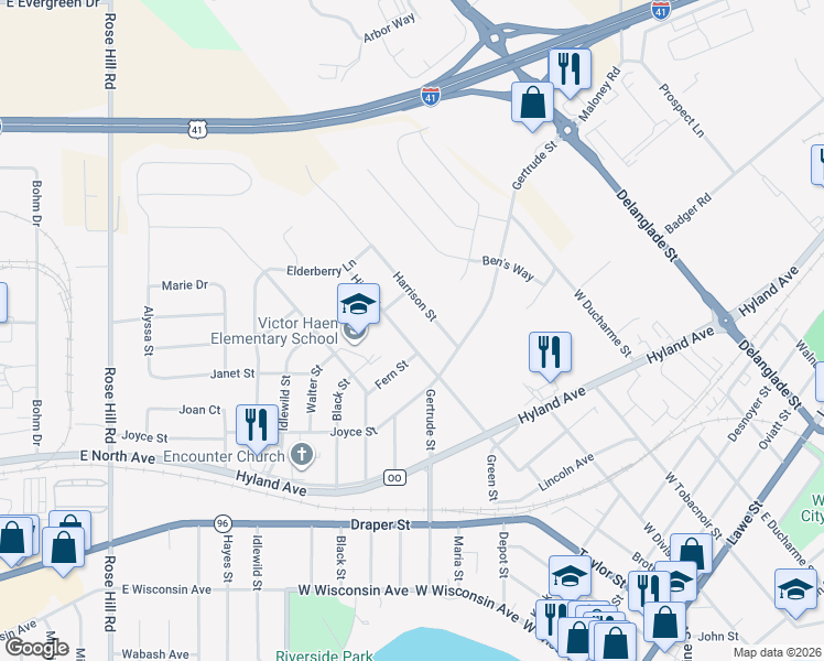 map of restaurants, bars, coffee shops, grocery stores, and more near 1124 High Street in Kaukauna