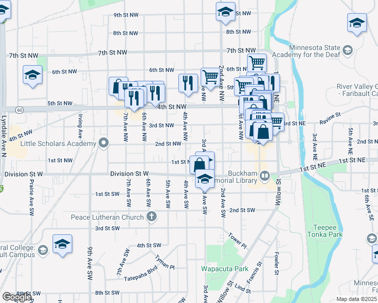 map of restaurants, bars, coffee shops, grocery stores, and more near 117 4th Avenue Northwest in Faribault