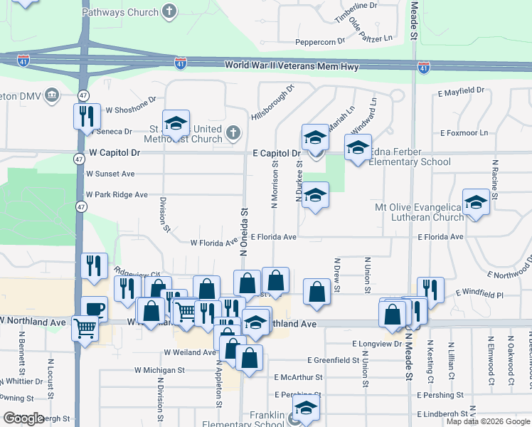 map of restaurants, bars, coffee shops, grocery stores, and more near 3133 North Morrison Street in Appleton