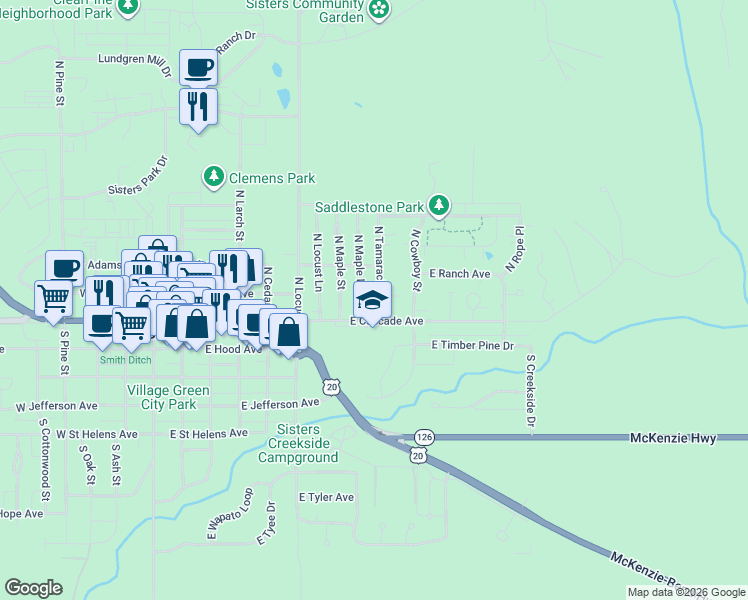 map of restaurants, bars, coffee shops, grocery stores, and more near 155 North Tamarack Street in Sisters