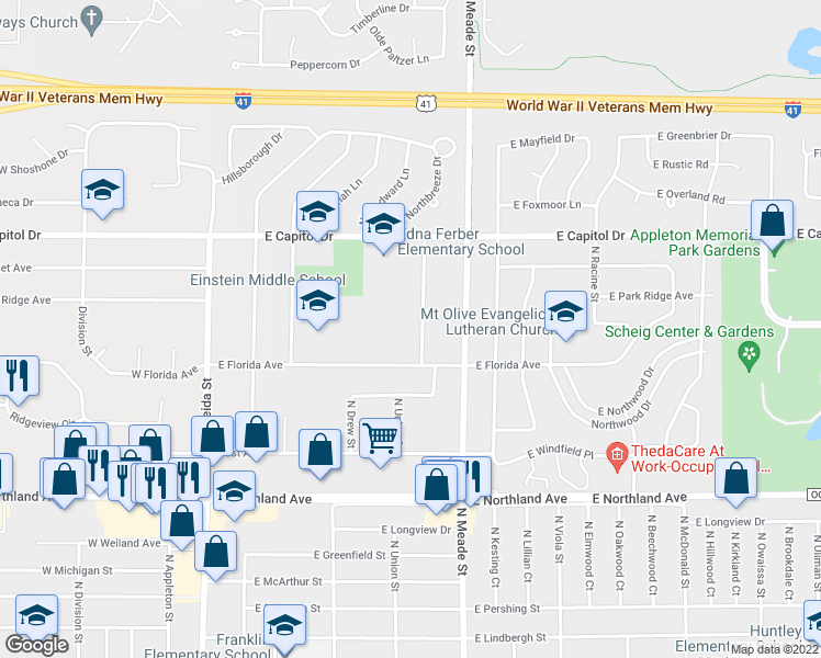 map of restaurants, bars, coffee shops, grocery stores, and more near 3113 N Lawe St in Appleton