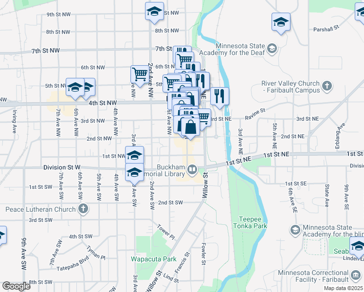 map of restaurants, bars, coffee shops, grocery stores, and more near 120 Central Avenue North in Faribault