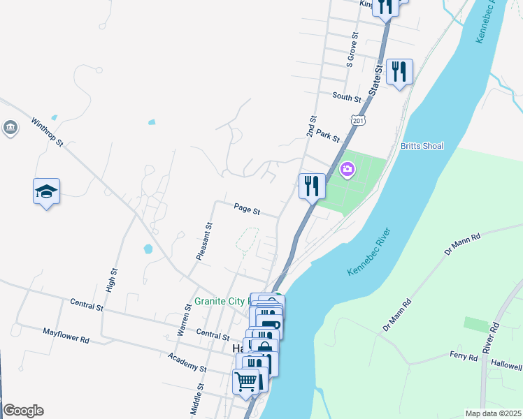 map of restaurants, bars, coffee shops, grocery stores, and more near 9 Page Street in Hallowell