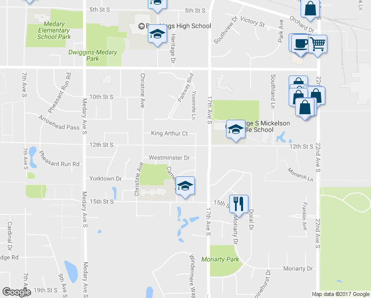 map of restaurants, bars, coffee shops, grocery stores, and more near 1508 12th Street South in Brookings