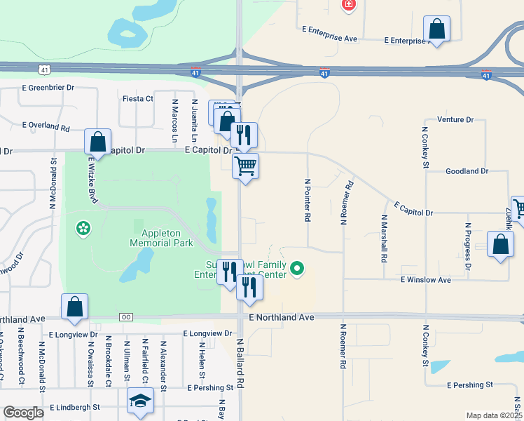 map of restaurants, bars, coffee shops, grocery stores, and more near 3132 North Ballard Road in Appleton