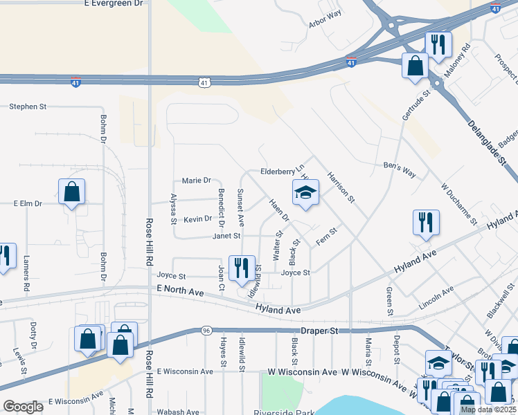 map of restaurants, bars, coffee shops, grocery stores, and more near 634 Bowers Lane in Kaukauna