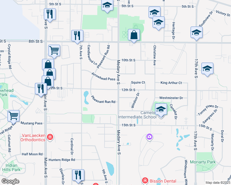 map of restaurants, bars, coffee shops, grocery stores, and more near 930 12th Street South in Brookings