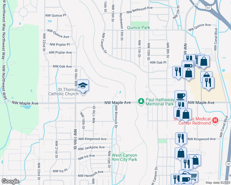 map of restaurants, bars, coffee shops, grocery stores, and more near 1703 Northwest Rimrock Drive in Redmond