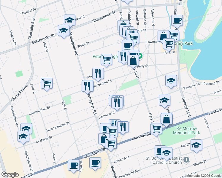 map of restaurants, bars, coffee shops, grocery stores, and more near 534 Douglas Avenue in Peterborough