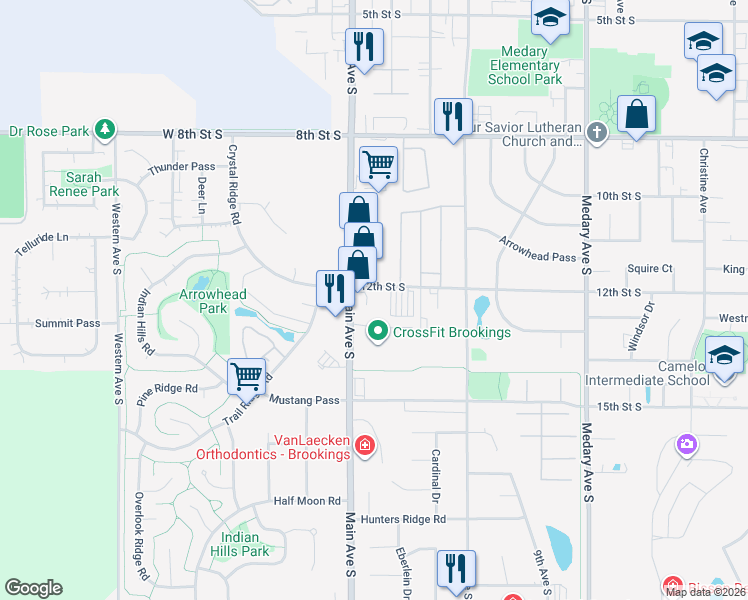 map of restaurants, bars, coffee shops, grocery stores, and more near 420 12th Street South in Brookings