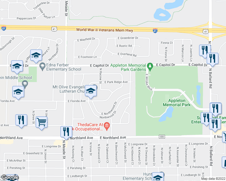 map of restaurants, bars, coffee shops, grocery stores, and more near 1040 East Florida Avenue in Appleton