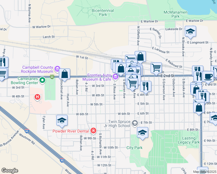 map of restaurants, bars, coffee shops, grocery stores, and more near 304 South Richards Avenue in Gillette