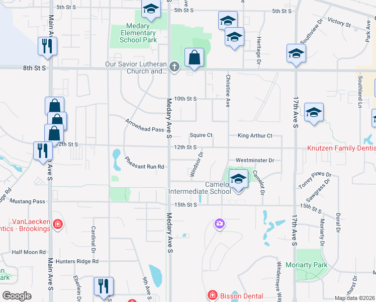 map of restaurants, bars, coffee shops, grocery stores, and more near 1030 12th Street South in Brookings