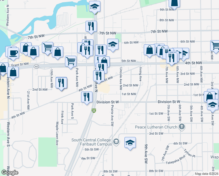 map of restaurants, bars, coffee shops, grocery stores, and more near 1401 2nd Street Northwest in Faribault