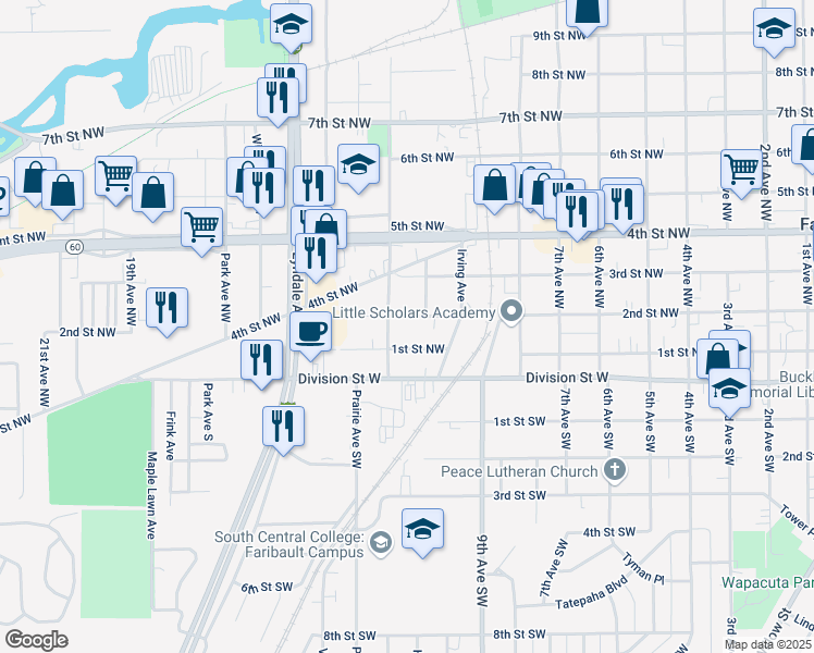 map of restaurants, bars, coffee shops, grocery stores, and more near 1029 2nd Street Northwest in Faribault