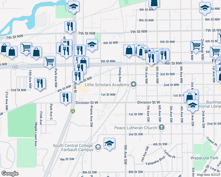 map of restaurants, bars, coffee shops, grocery stores, and more near 1029 2nd Street Northwest in Faribault