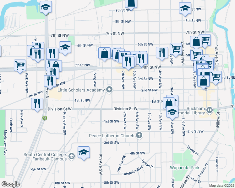 map of restaurants, bars, coffee shops, grocery stores, and more near 715 2nd Street Northwest in Faribault