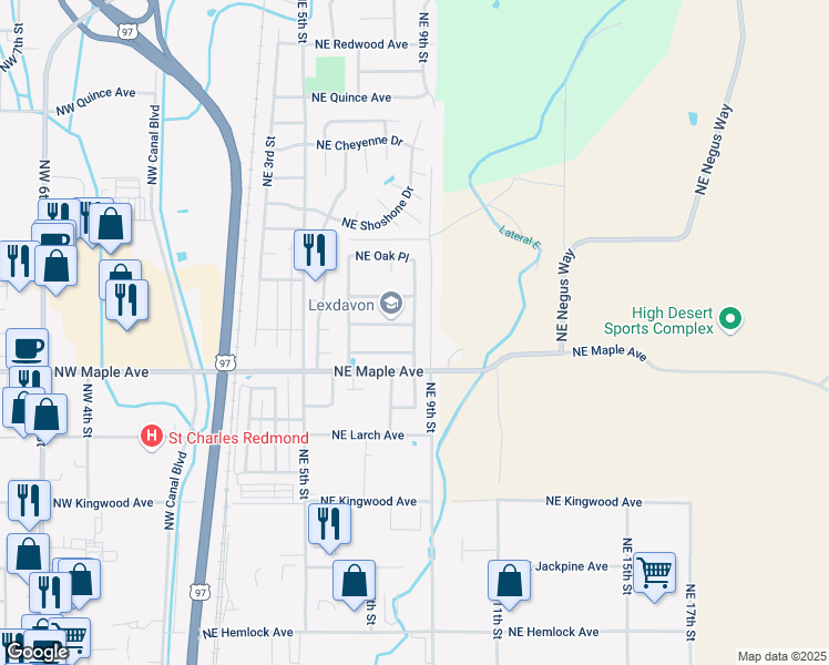 map of restaurants, bars, coffee shops, grocery stores, and more near 1714 Northeast 8th Street in Redmond