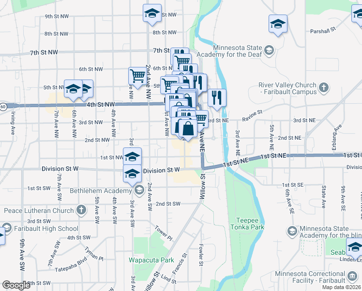 map of restaurants, bars, coffee shops, grocery stores, and more near 120 Central Avenue North in Faribault