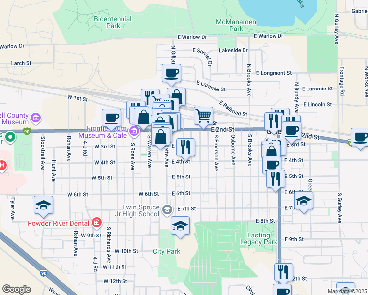 map of restaurants, bars, coffee shops, grocery stores, and more near in Gillette